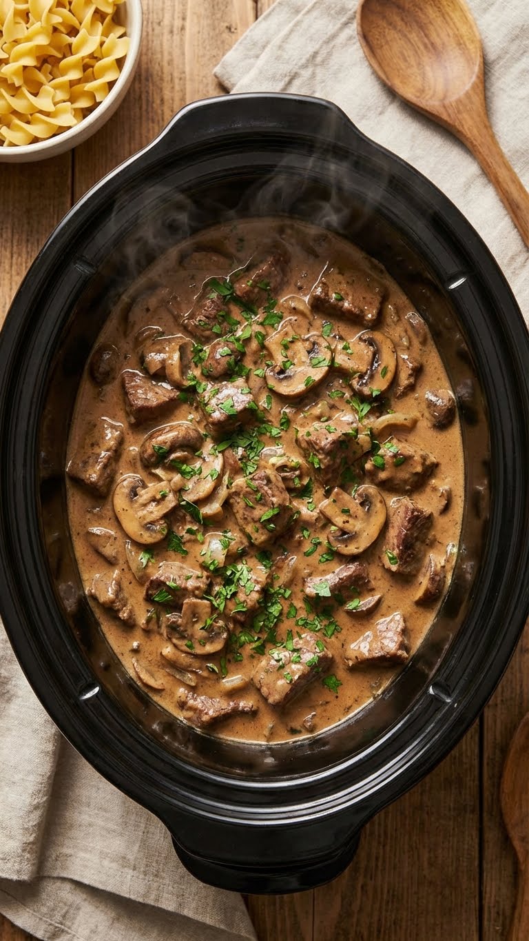 A top-down view inside a slow cooker filled with creamy beef and mushroom stroganoff, garnished with parsley, with steam rising.