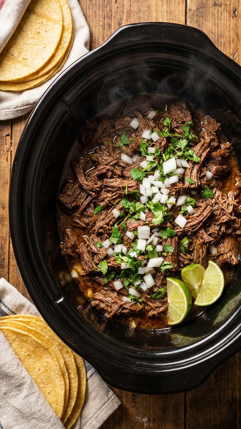 A top-down view inside a slow cooker filled with juicy shredded beef, garnished with diced white onions, chopped cilantro, and lime wedges