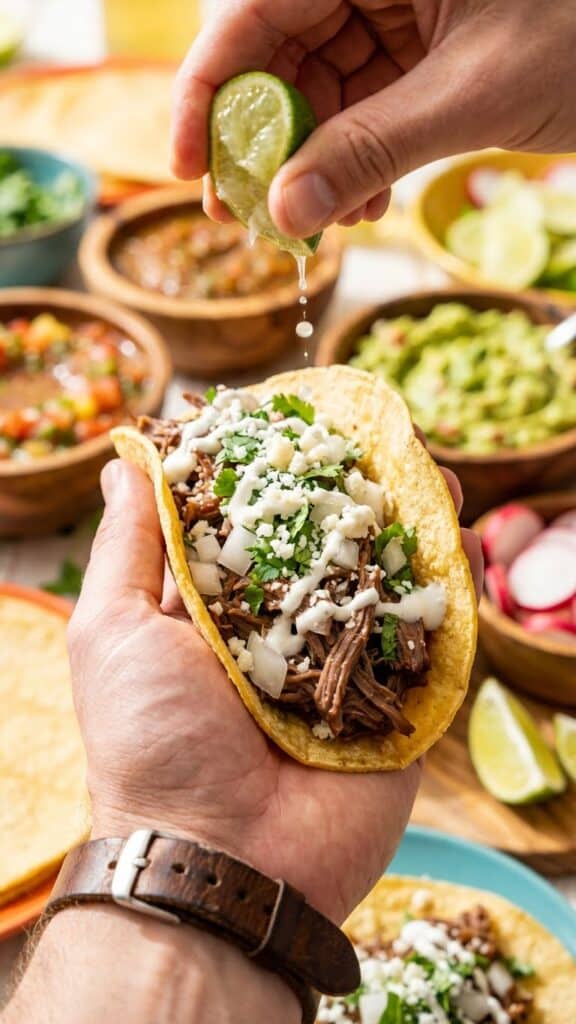 A close-up of a hand holding a loaded shredded beef taco with onion, cilantro, cheese, and crema, with a lime being squeezed over it.