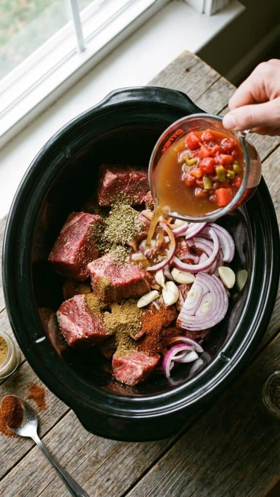 A flat lay showing raw beef chunks, broth, tomatoes, onions, and spices being added to a slow cooker.
