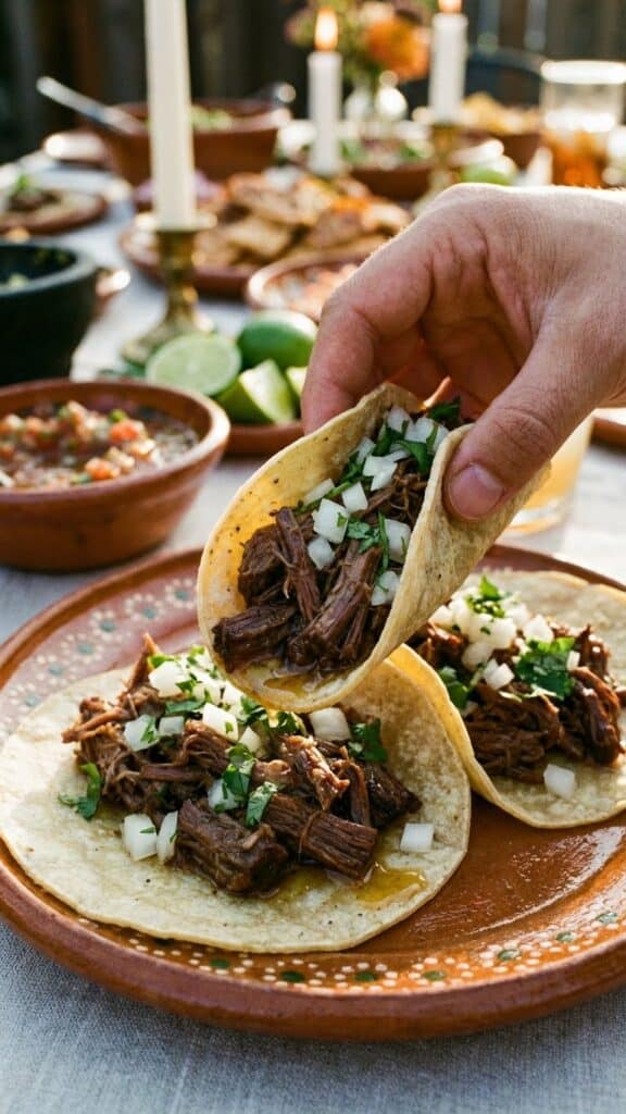 A close-up of a hand lifting an authentic street-style shredded beef taco topped with onion and cilantro from a plate.