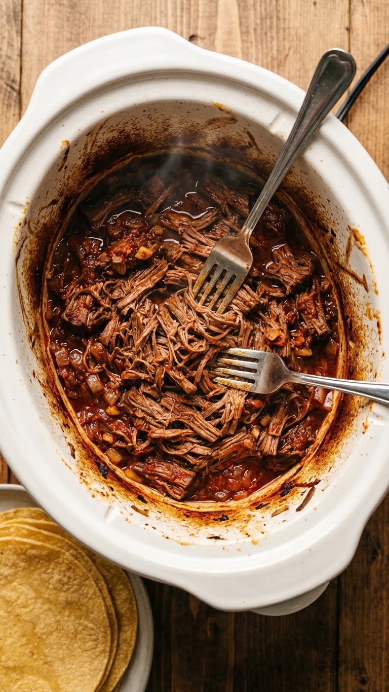 A top-down view inside a slow cooker filled with tender, shredded beef in a rich red chili sauce, with two forks shredding the meat.