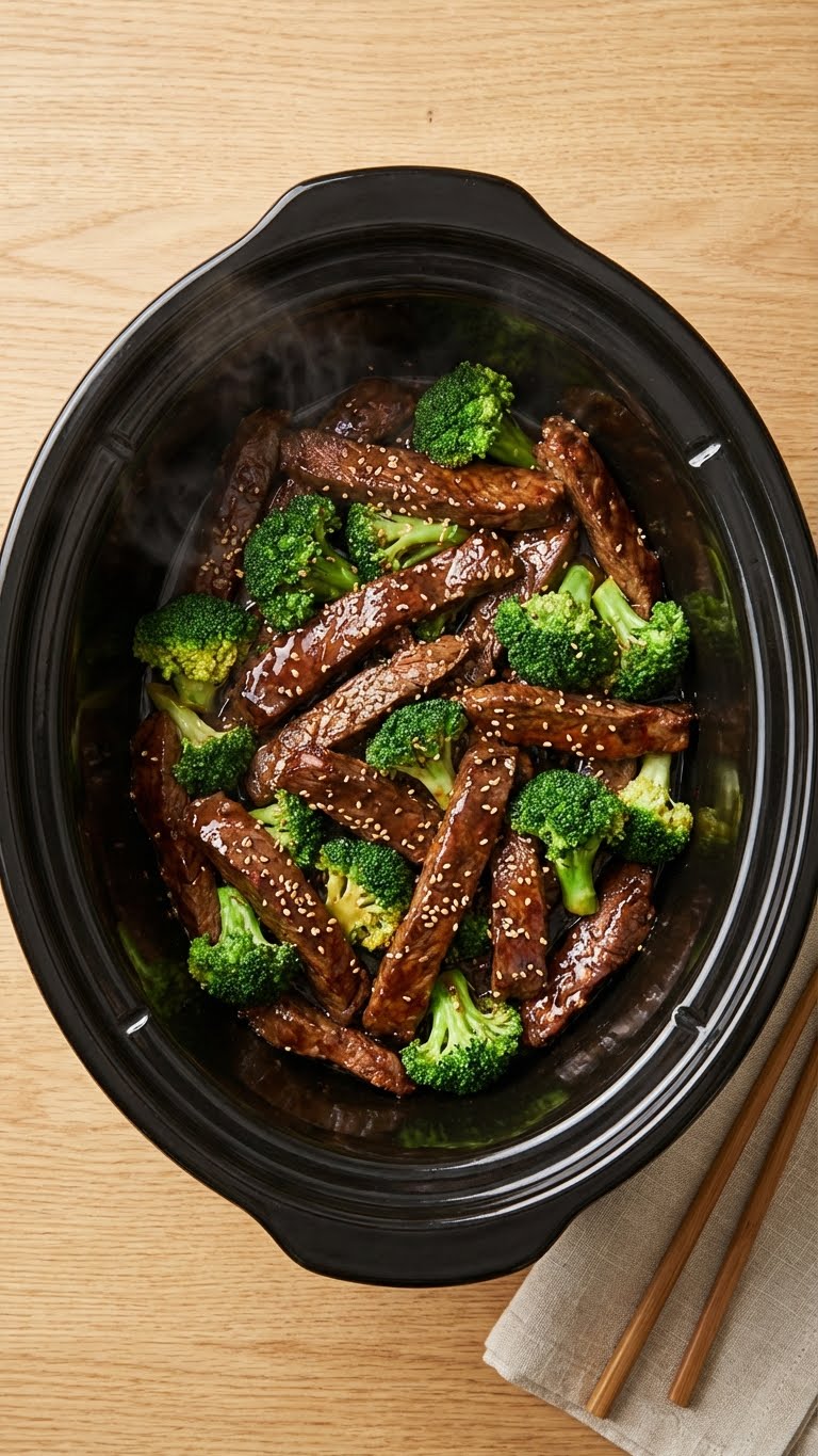 A top-down view inside a slow cooker filled with tender beef strips and bright green broccoli in a dark soy sauce glaze.