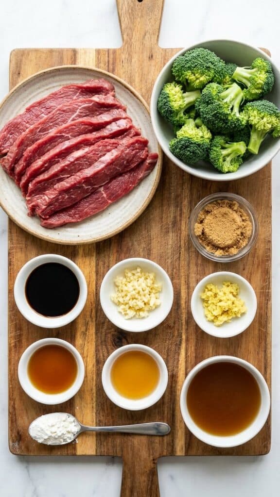 A flat lay showing sliced raw beef, broccoli florets, soy sauce, brown sugar, garlic, ginger, and cornstarch on a wooden board.