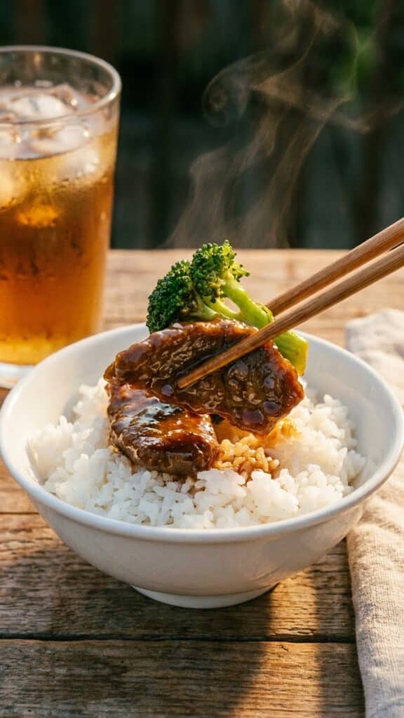 A close-up of chopsticks lifting glossy beef and broccoli from a bowl of white rice.
