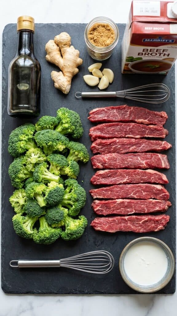 A flat lay showing raw sliced beef, fresh broccoli, soy sauce, ginger, garlic, and brown sugar on a slate board.