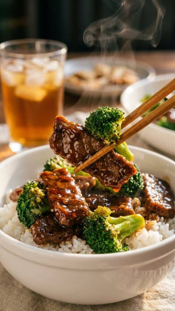 A close-up of chopsticks lifting a piece of glossy beef and broccoli from a bowl of white rice.