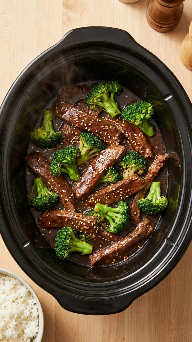 A top-down view inside a slow cooker filled with tender beef strips and bright green broccoli in a dark glossy sauce.