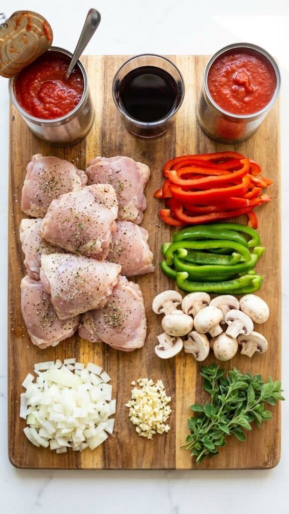 A flat lay showing raw chicken thighs, sliced peppers, mushrooms, onions, canned tomatoes, wine, and herbs on a wooden board.