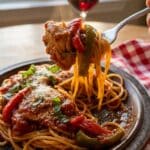 A close-up of a fork lifting chicken cacciatore and sauce over spaghetti pasta on a plate.