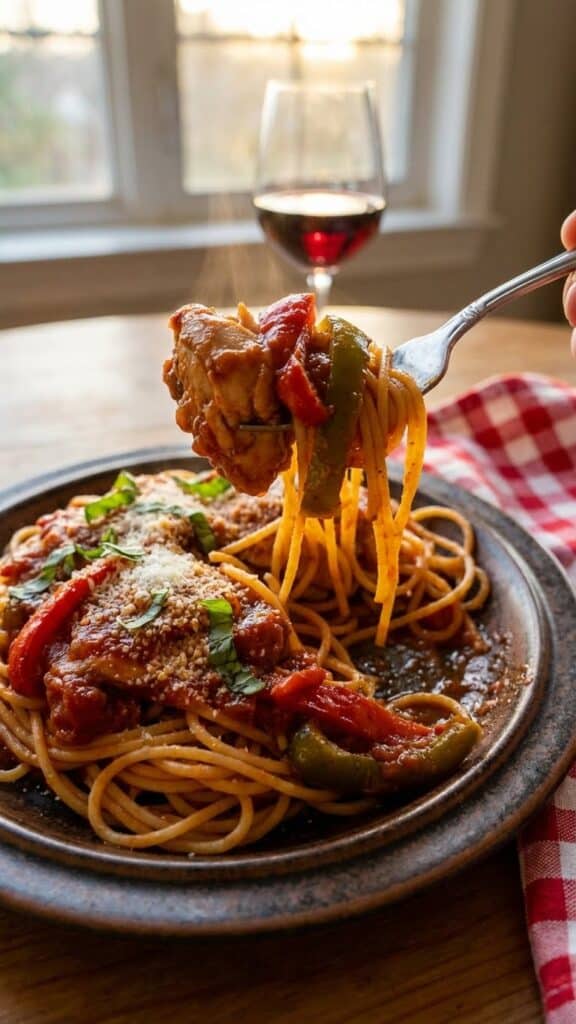 A close-up of a fork lifting chicken cacciatore and sauce over spaghetti pasta on a plate.