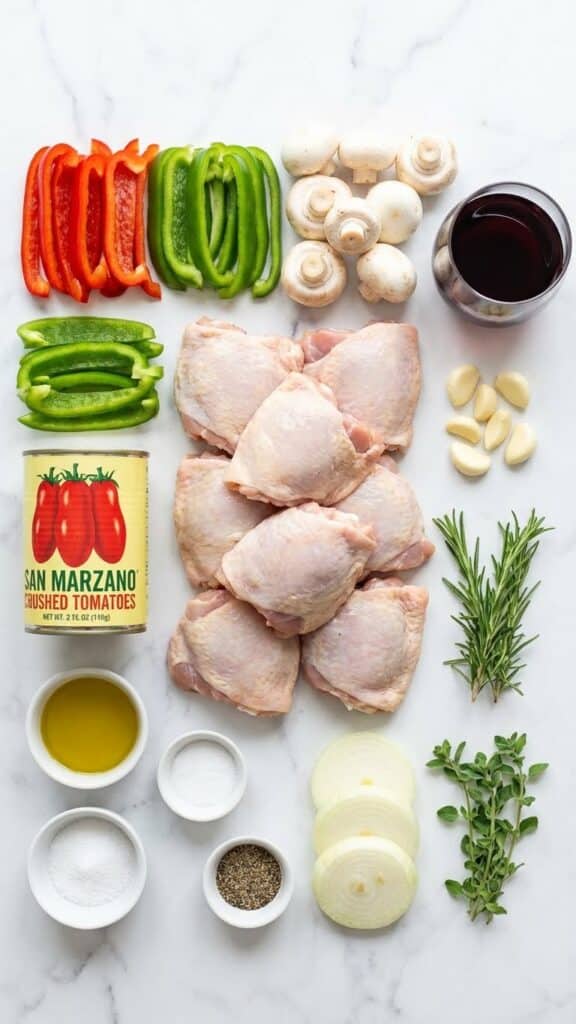 A flat lay showing raw chicken thighs, bell peppers, mushrooms, canned tomatoes, red wine, and fresh herbs on a marble surface.