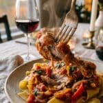 A close-up of a fork lifting tender chicken cacciatore meat and sauce over a bed of pasta.