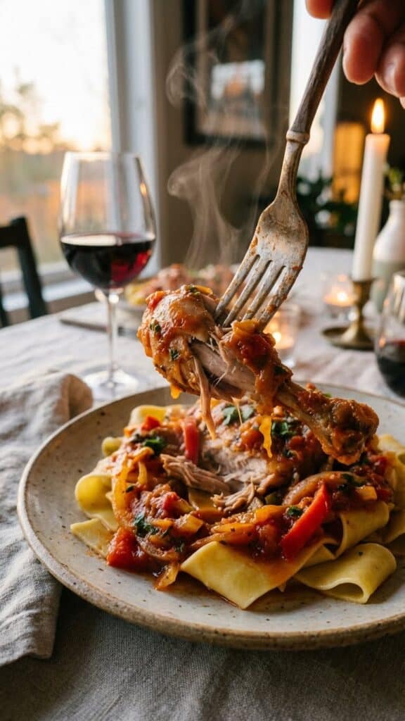 A close-up of a fork lifting tender chicken cacciatore meat and sauce over a bed of pasta.