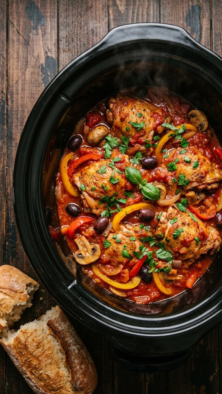A top-down view inside a slow cooker filled with chicken cacciatore, featuring chicken thighs in a rich tomato sauce with peppers, mushrooms, and olives.