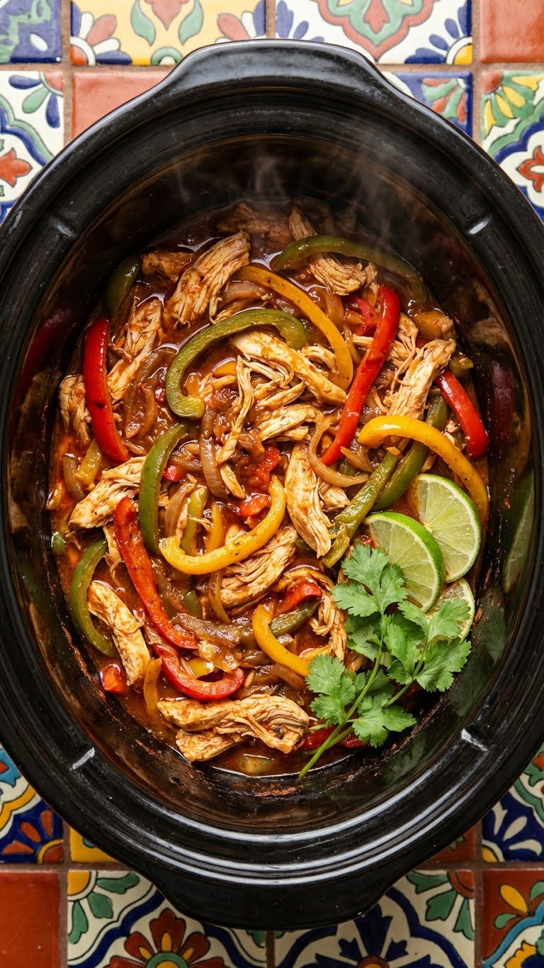 A top-down view inside a slow cooker filled with juicy chicken fajitas including red, green, and yellow peppers and onions.