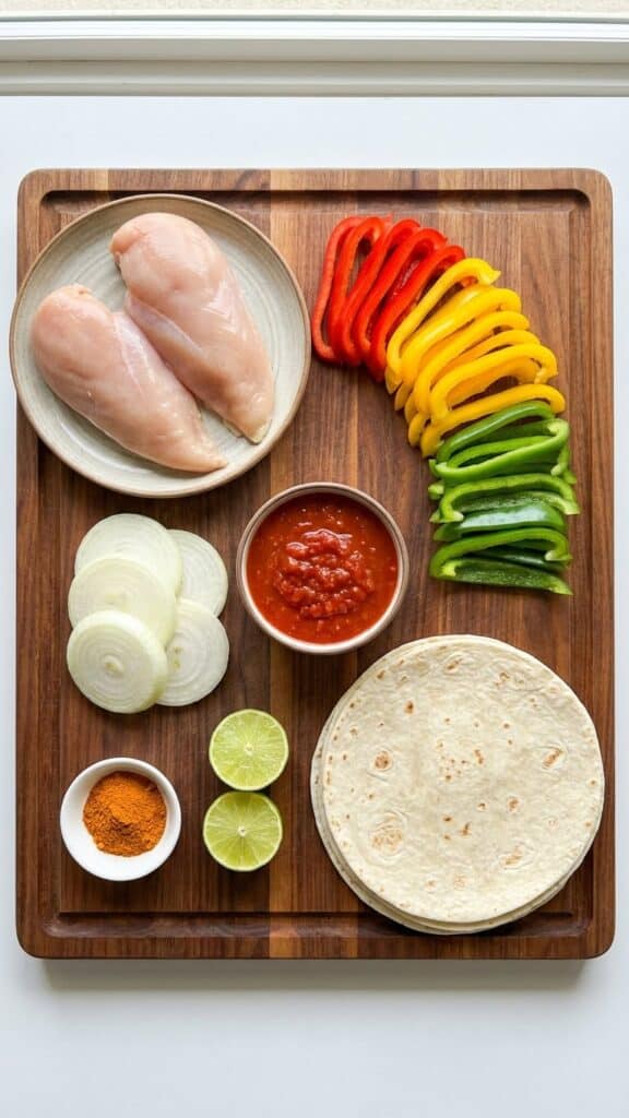 A flat lay showing raw chicken, colorful sliced bell peppers, onions, salsa, spices, and tortillas on a wooden board.
