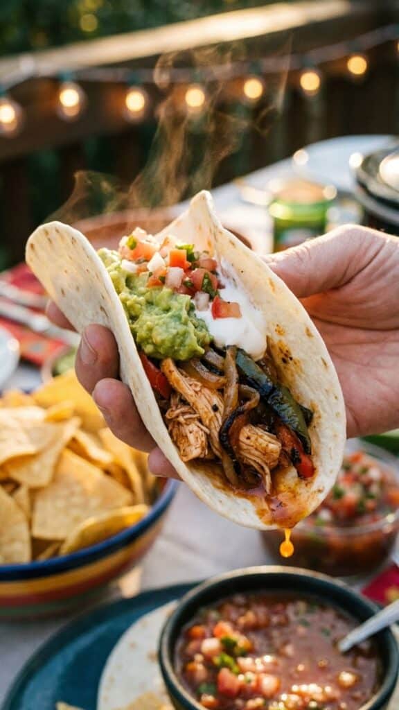 A close-up of a hand holding a flour tortilla loaded with chicken fajita filling, guacamole, and sour cream.