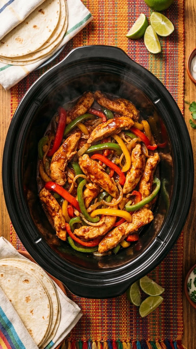 A top-down view inside a slow cooker filled with seasoned chicken strips, colorful bell peppers, and onions, with tortillas on the side.