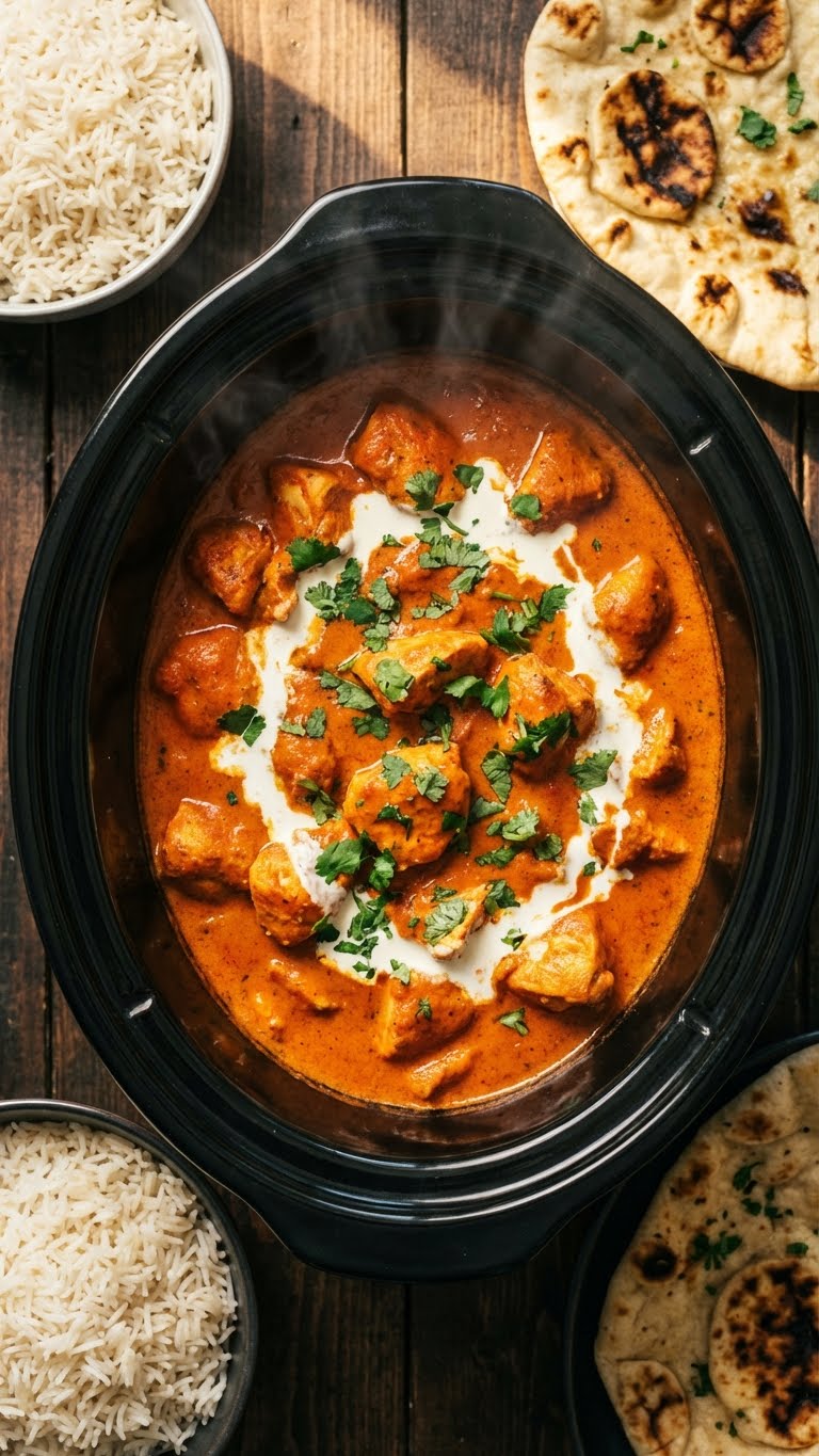 A top-down view inside a slow cooker filled with creamy orange Chicken Tikka Masala, garnished with cilantro and a cream swirl, next to rice and naan.