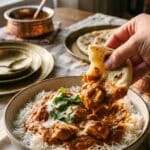 A close-up of a hand using naan bread to scoop up creamy Chicken Tikka Masala and rice from a bowl.