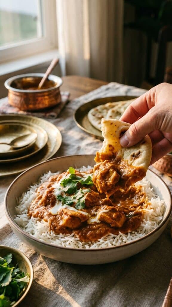 A close-up of a hand using naan bread to scoop up creamy Chicken Tikka Masala and rice from a bowl.