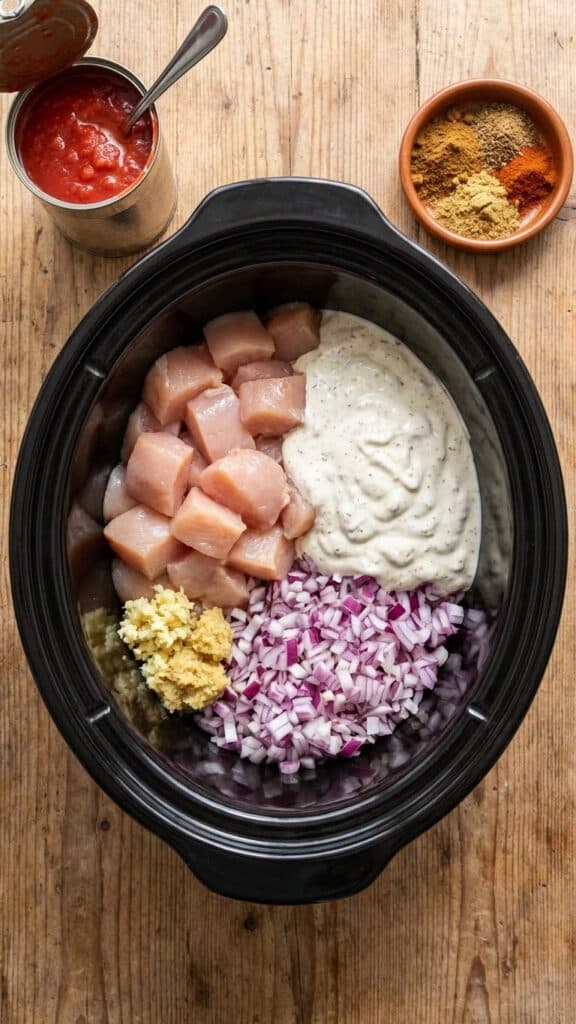 A flat lay showing raw chicken, yogurt marinade, onions, and spices inside a slow cooker pot, with canned tomatoes and dry spices next to it.