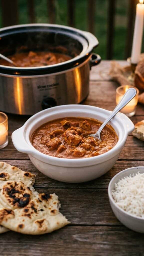 A close-up of a bowl of chicken tikka masala with a spoon, served with naan bread and rice on a wooden table.