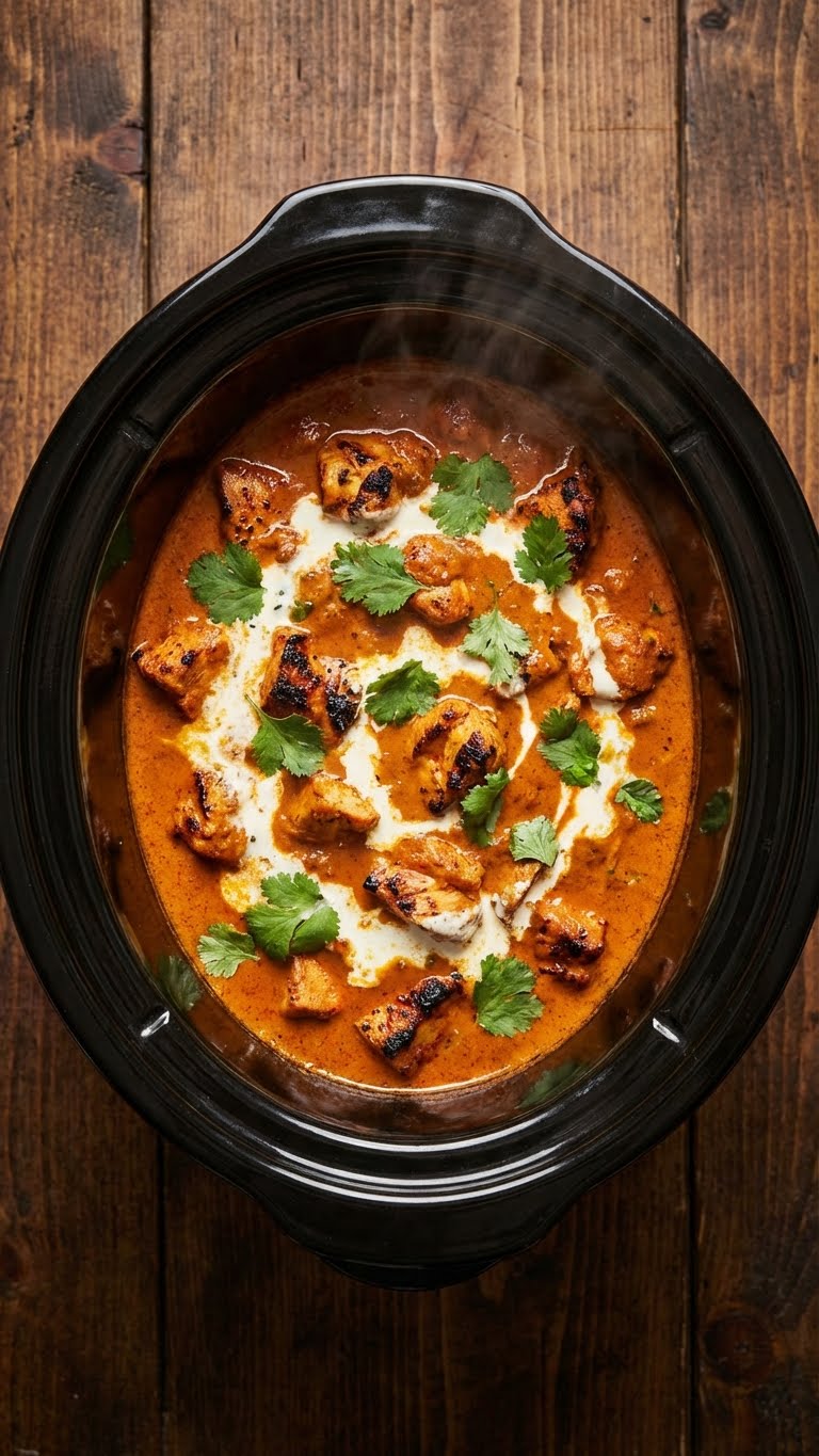 A top-down view inside a slow cooker filled with creamy chicken tikka masala curry, garnished with a swirl of cream and fresh cilantro.