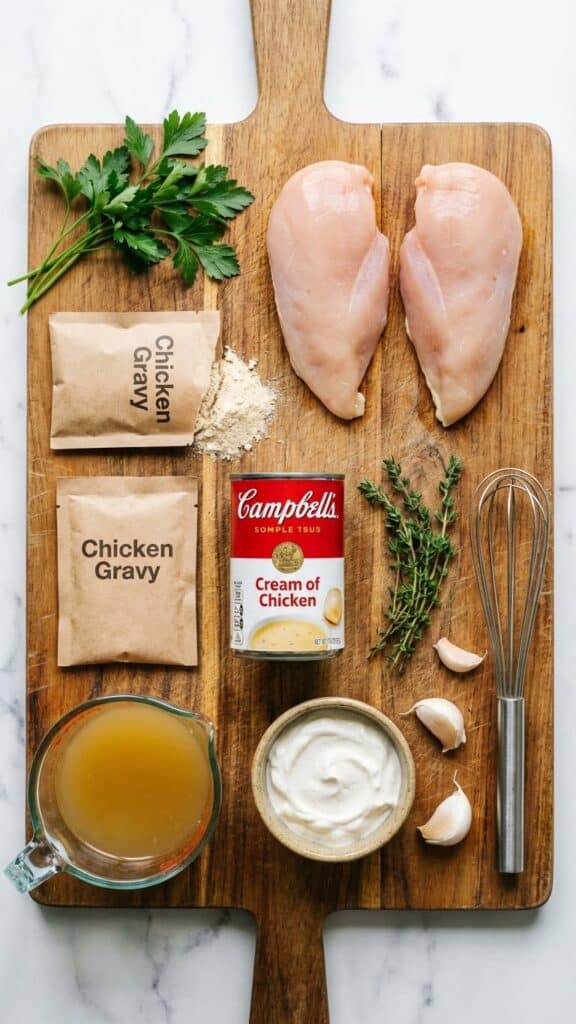 A flat lay showing raw chicken, gravy mix packets, cream of chicken soup, and broth on a wooden board