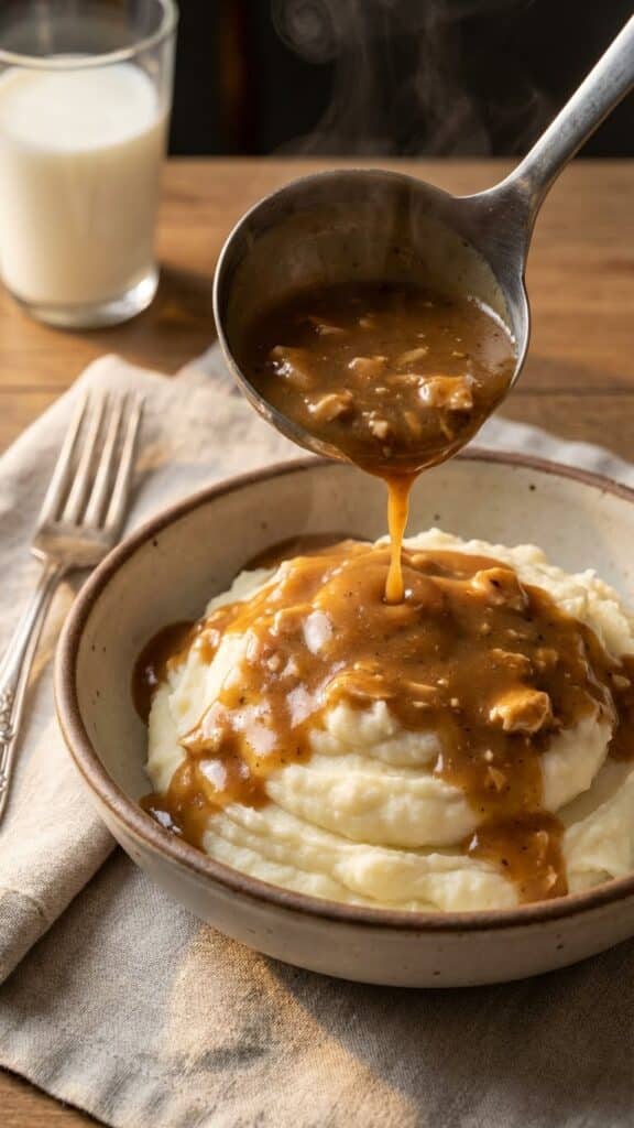 A close-up of a ladle pouring savory chicken and gravy over mashed potatoes.