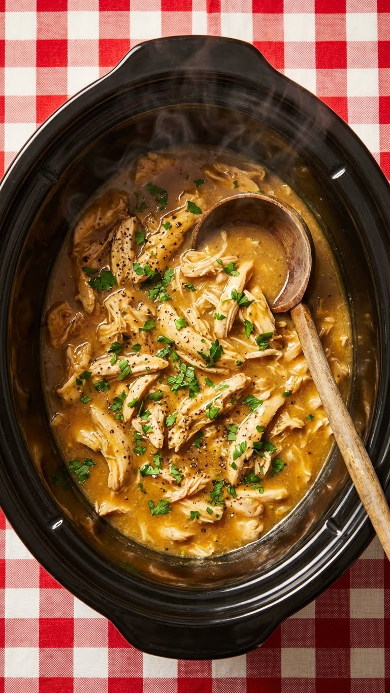 A top-down view inside a slow cooker filled with shredded chicken in a rich brown gravy, garnished with parsley