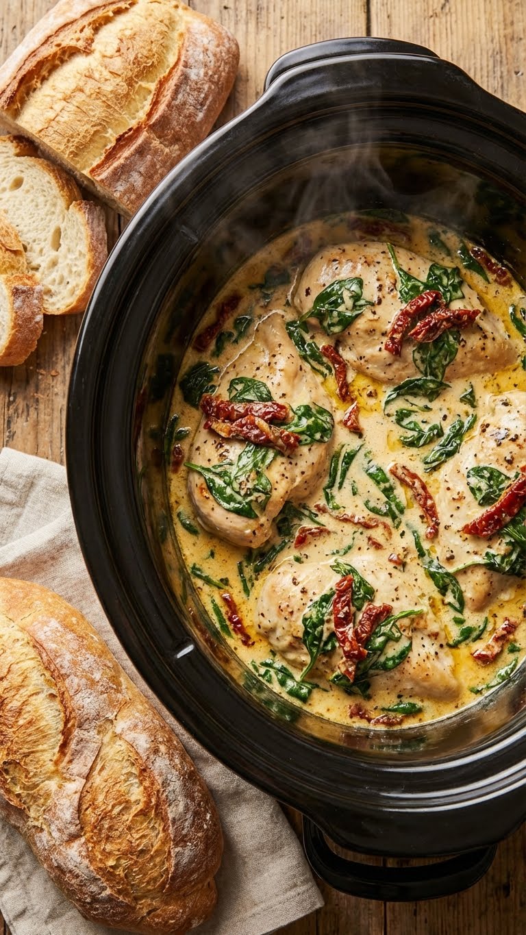 A top-down view inside a slow cooker filled with creamy chicken, spinach, and sun-dried tomatoes.