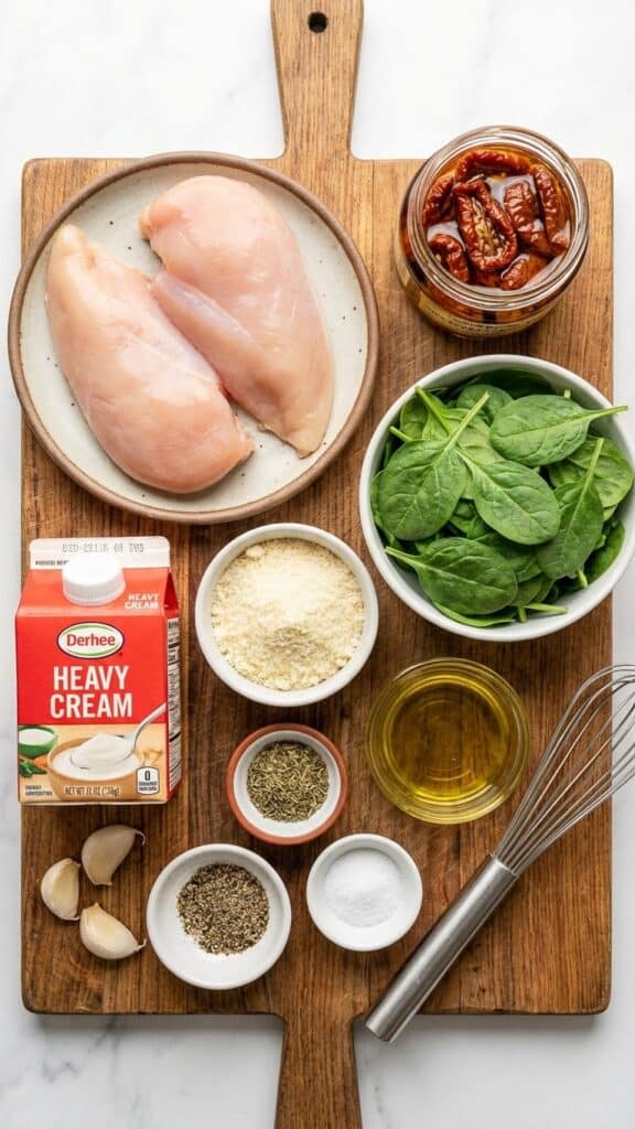 A flat lay showing raw chicken, spinach, sun-dried tomatoes, cream, parmesan, and garlic on a wooden board.
