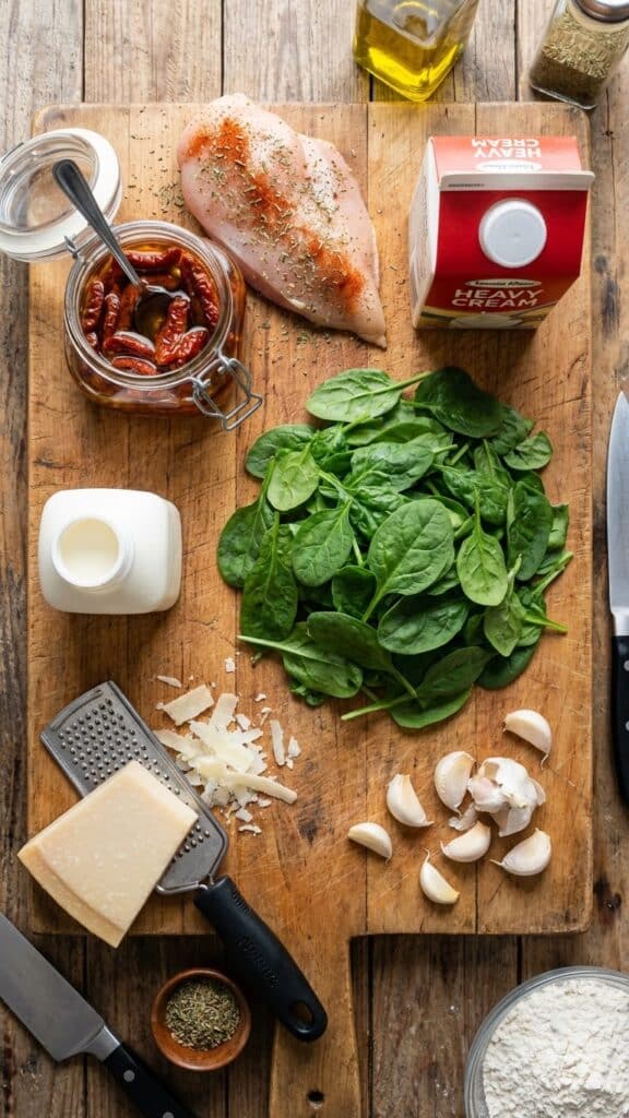 A flat lay showing chicken, spinach, sun-dried tomatoes, heavy cream, parmesan cheese, and garlic on a wooden board.