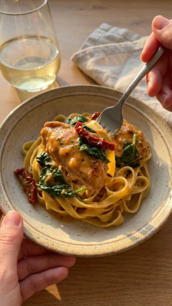 A close-up of a fork lifting a bite of creamy Tuscan chicken and spinach over pasta from a plate.