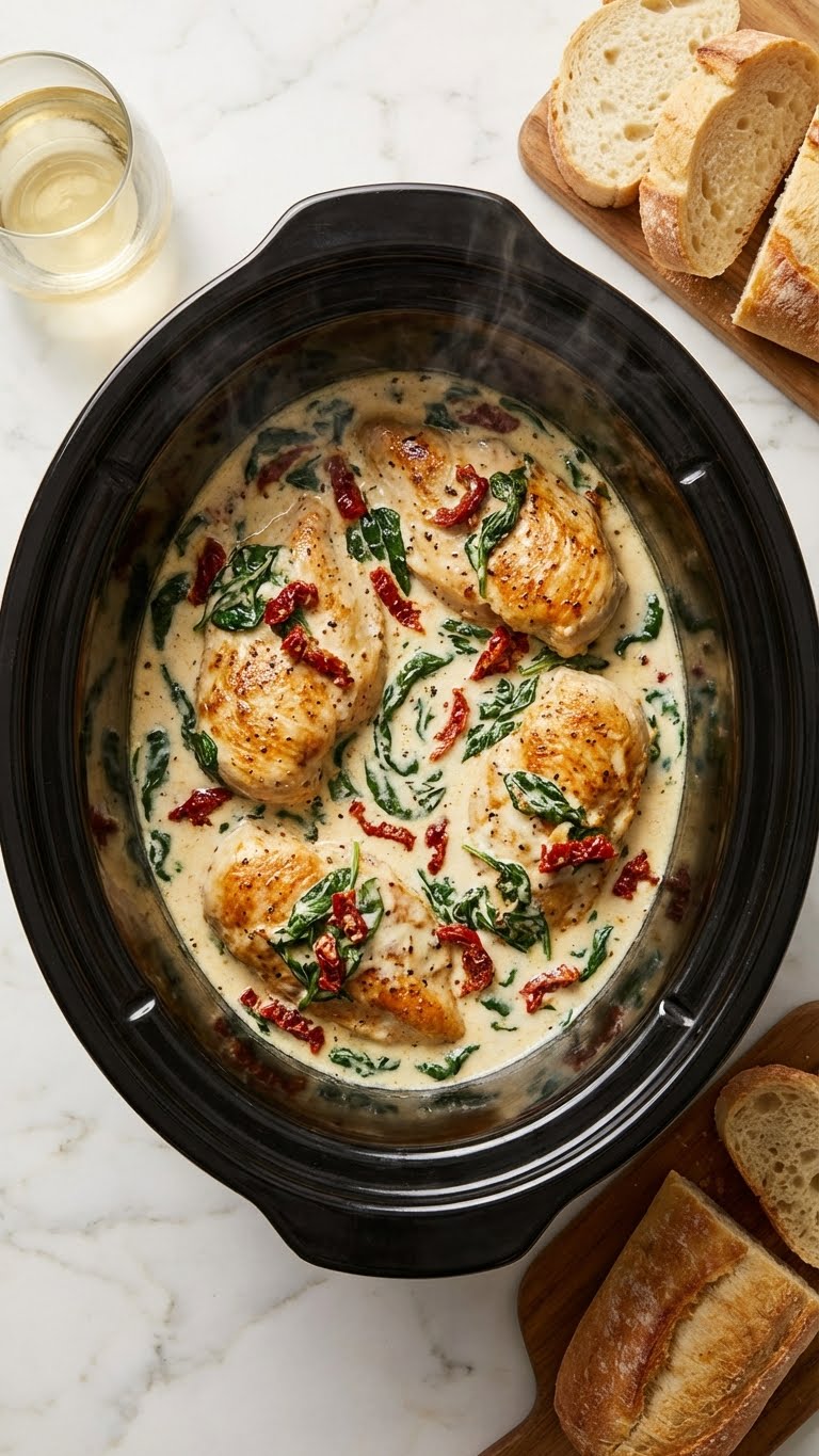 A top-down view inside a slow cooker filled with chicken breasts in a creamy sauce with spinach and sun-dried tomatoes.