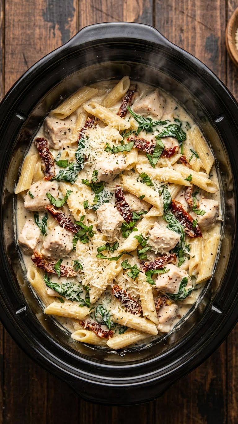 A top-down view inside a slow cooker filled with creamy chicken pasta with spinach and sun-dried tomatoes, topped with parmesan.