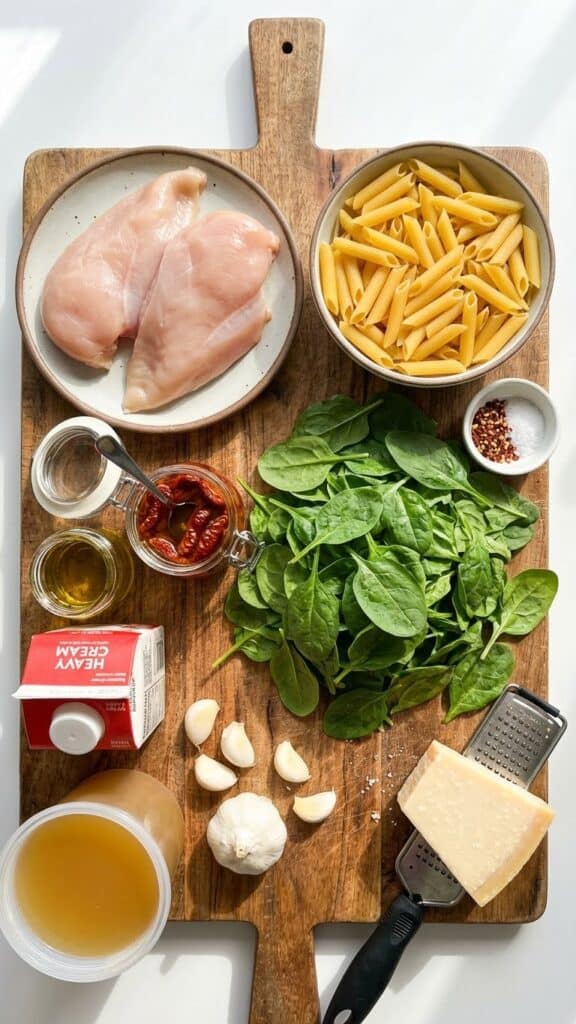 A flat lay showing raw chicken, uncooked penne pasta, sun-dried tomatoes, spinach, cream, and cheese on a wooden board.