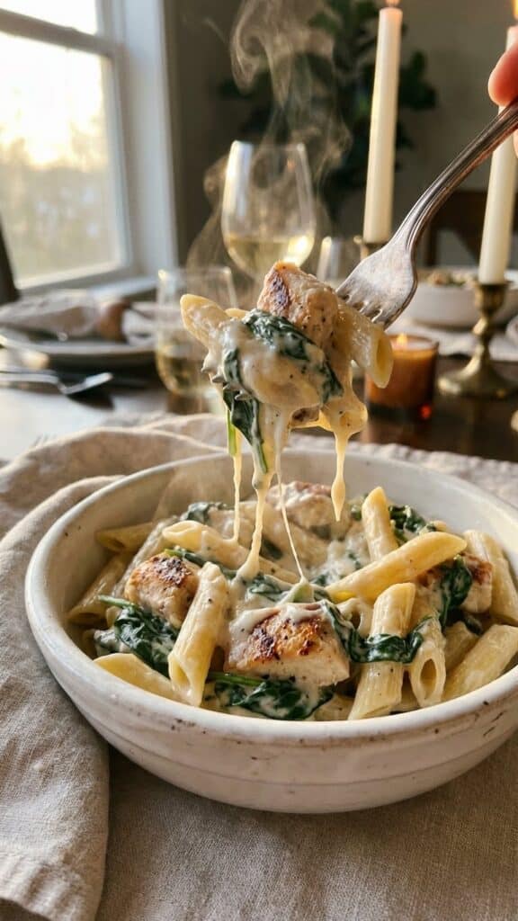 A close-up of a fork lifting creamy penne pasta, chicken, and spinach from a bowl.