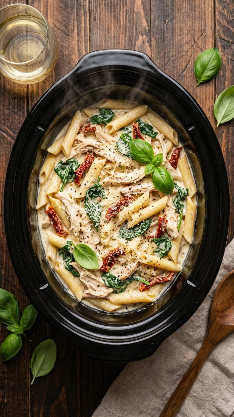 A top-down view inside a slow cooker filled with creamy penne pasta, chicken, spinach, and sun-dried tomatoes.