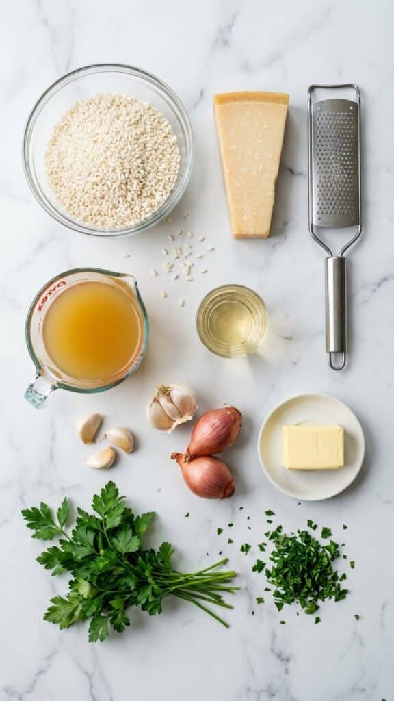 A flat lay showing Arborio rice, chicken broth, white wine, garlic, butter, and parmesan cheese on a marble surface.