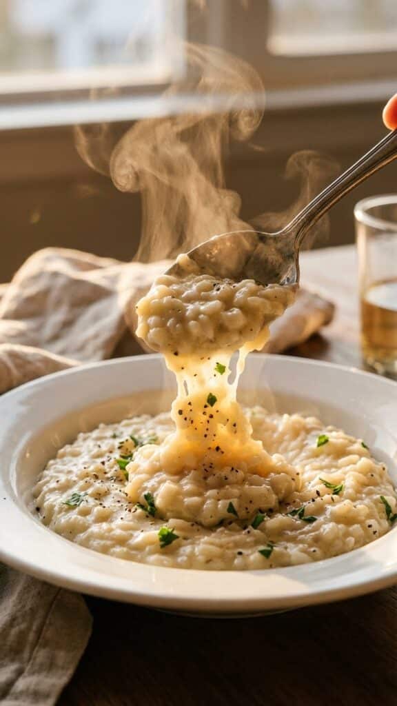 A close-up of a spoon lifting creamy risotto, showing the thick texture and steam rising.