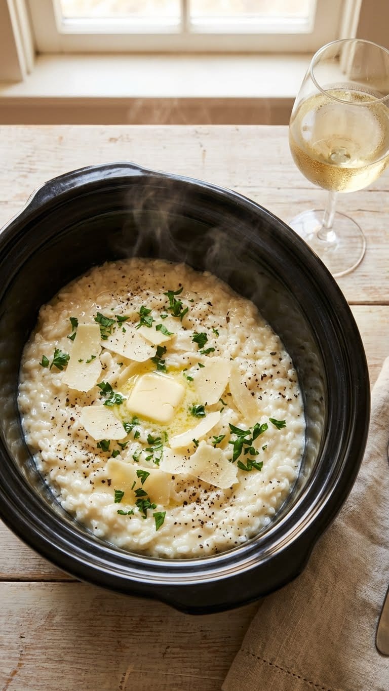 A top-down view inside a slow cooker filled with creamy garlic parmesan risotto, garnished with butter, cheese shavings, and parsley.