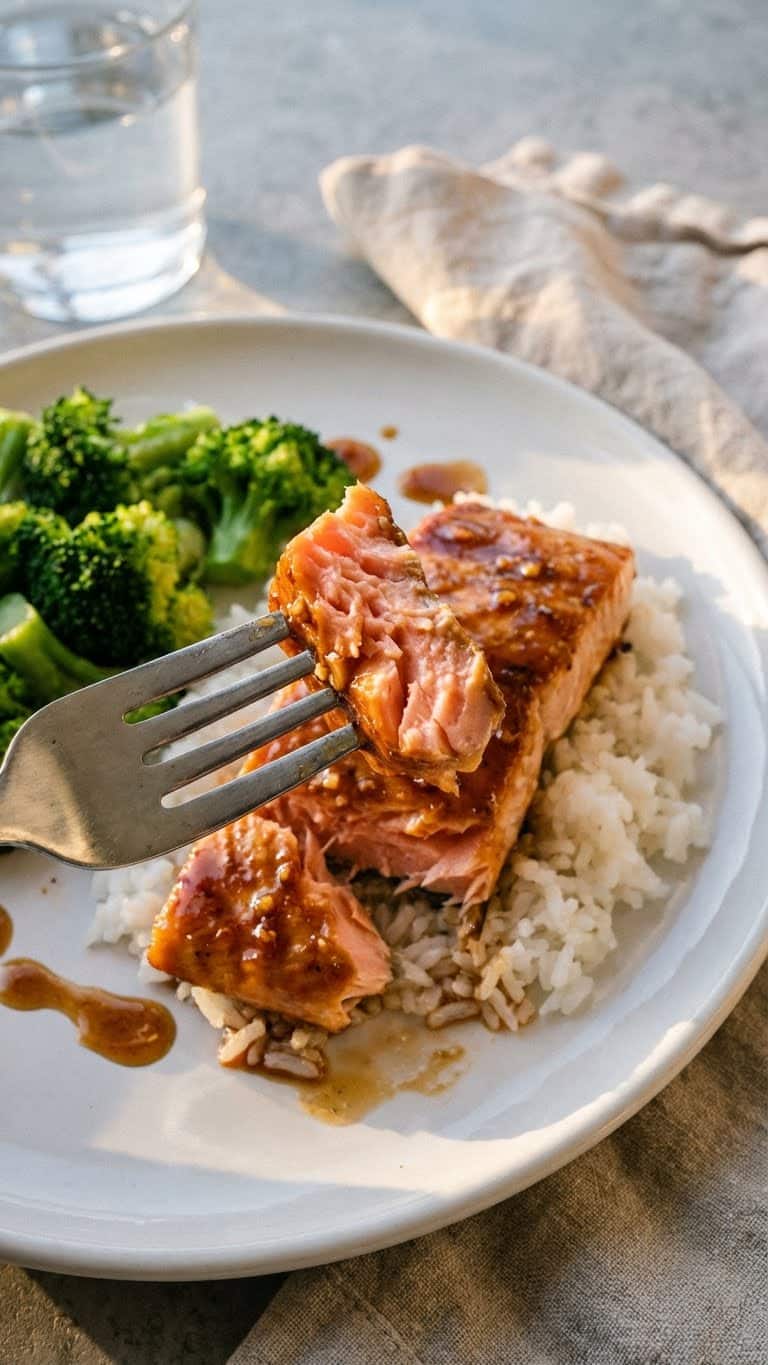 A top-down view inside a slow cooker filled with salmon fillets covered in a sticky honey garlic sauce, garnished with lemon and green onions.