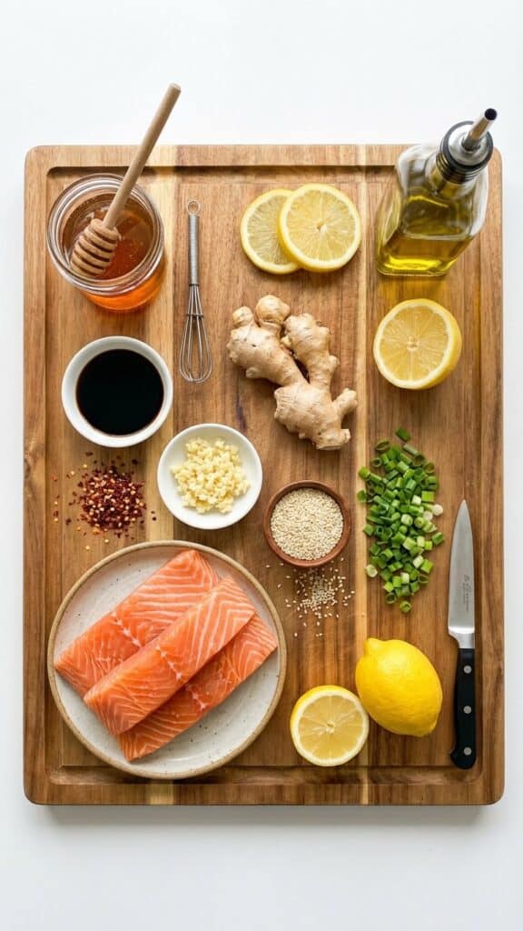 A flat lay showing raw salmon fillets, a jar of honey, soy sauce, garlic, ginger, and lemons on a wooden board.