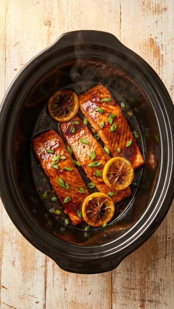 A close-up of a fork lifting a bite of flaky, glazed salmon with rice and broccoli on a plate.