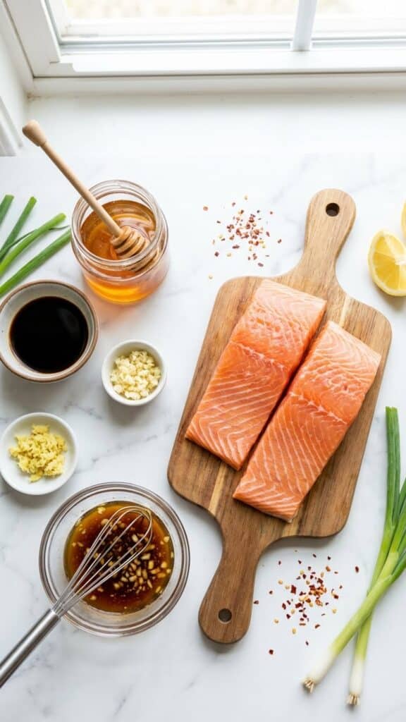A flat lay showing raw salmon fillets, honey, soy sauce, garlic, and ginger on a marble surface.