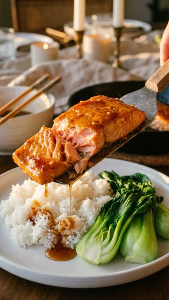 A close-up of a spatula lifting a piece of flaky, glazed salmon over rice and bok choy.