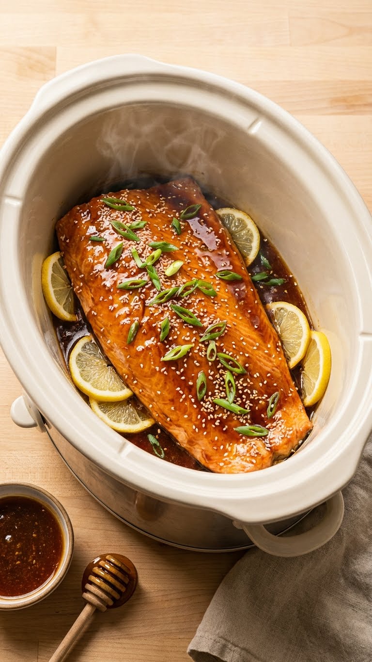 A top-down view inside a slow cooker filled with a large piece of salmon coated in a glossy honey garlic glaze, garnished with green onions and sesame seeds.